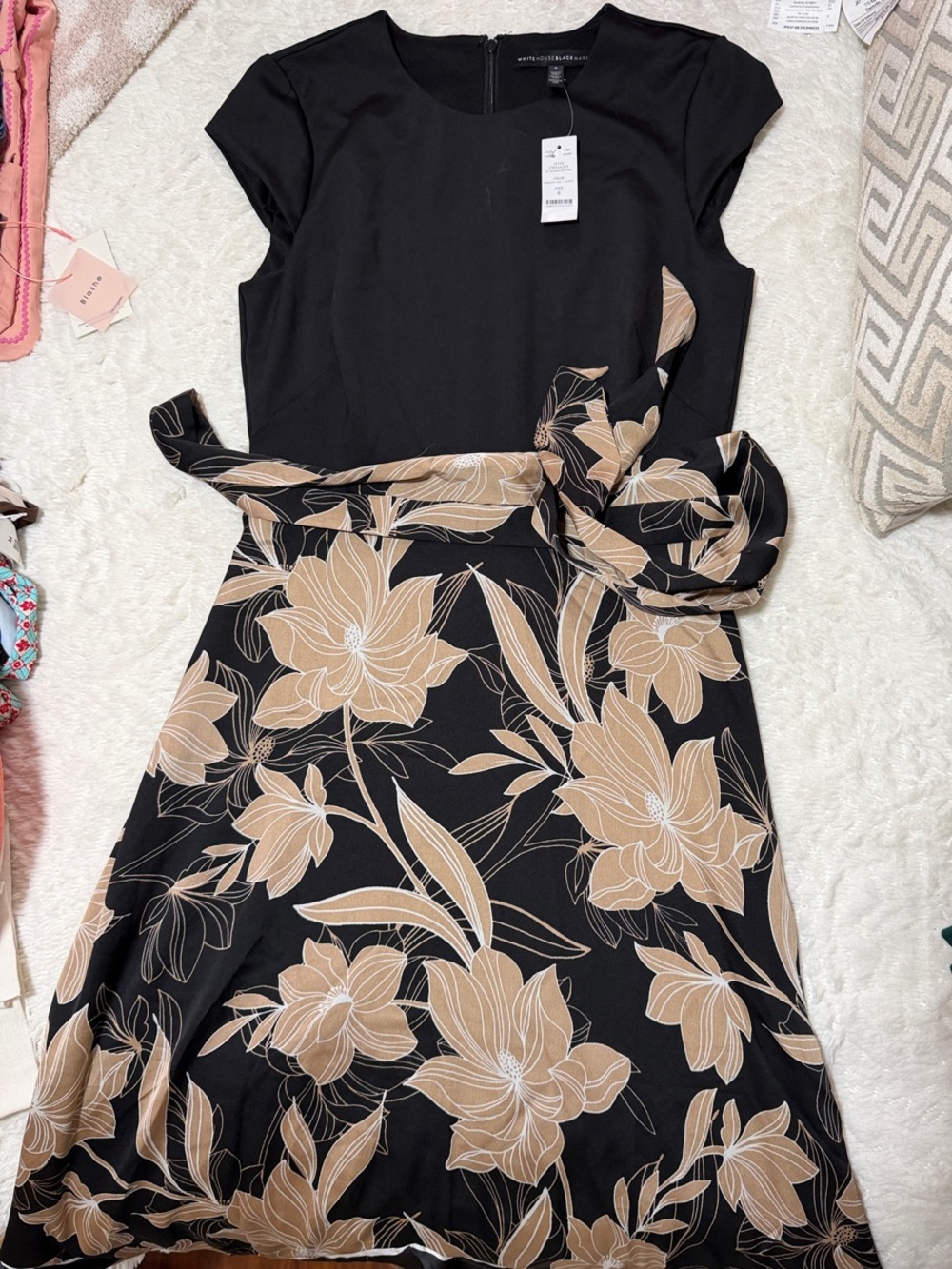 White House Black Market Black Midi Dress with Tan Floral Print and Waist Tie